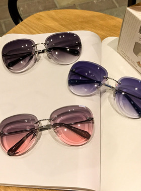 大气帅气无边框渐变灰色墨镜时尚男女切割片蛤蟆镜半透明太阳镜