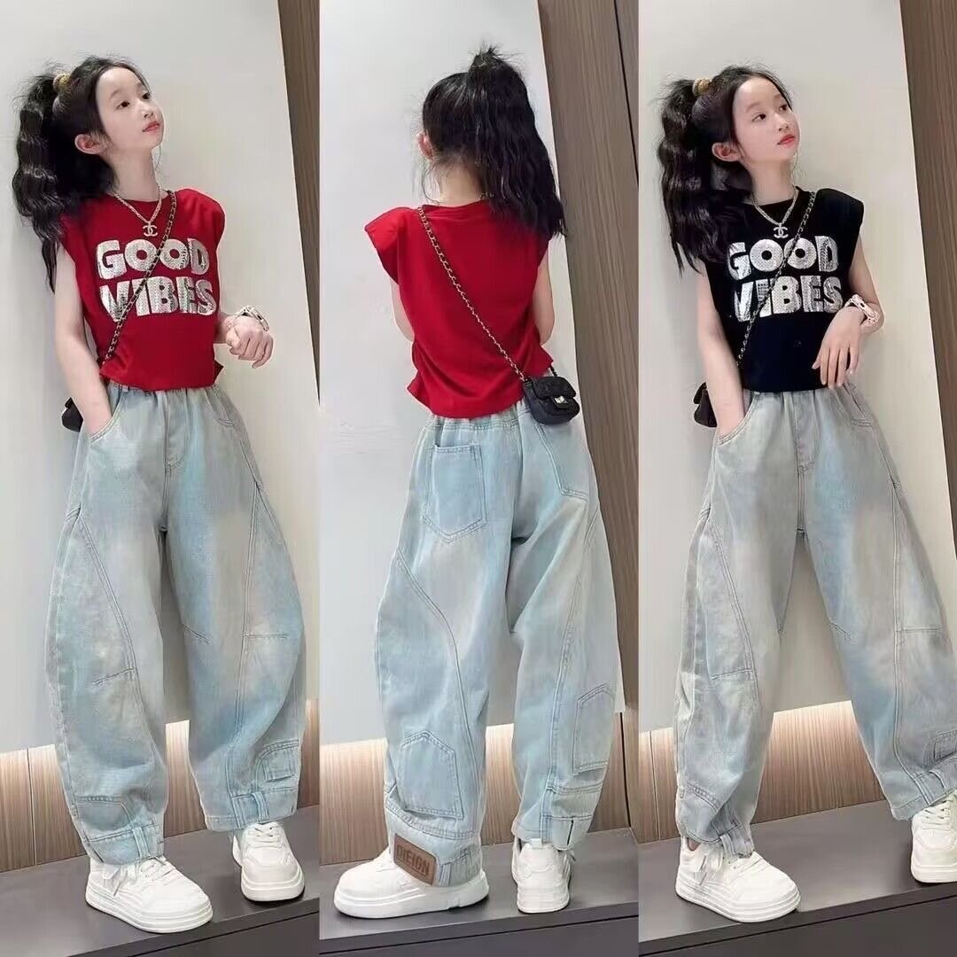 女童夏季背心套装中大女孩新款韩版潮酷短袖休闲老爹裤两件套夏装