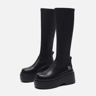 胖mm粗腿长筒靴厚底靴子女弹力瘦瘦靴粗高跟增高筒骑士辣妹长靴女
