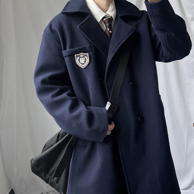 上野 加厚男中长款宽松日系潮流百搭dk毛呢大衣外套过膝双排扣