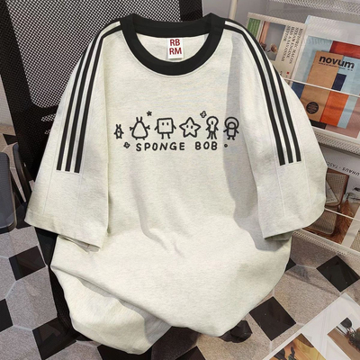 纯棉2026夏季小众宽松拼接短袖t恤女美式三条杠字母印花大童上衣