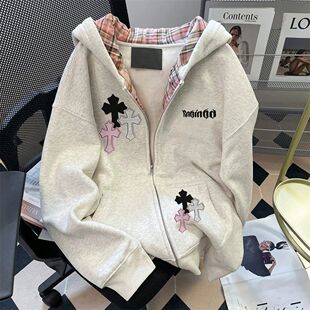 亚文化美式慵懒十字架连帽外套男女童春秋高级小众不撞款卫衣开衫