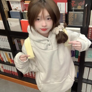 美式基础款双纽扣连帽卫衣女春秋季oversize休闲宽松套头加绒上衣