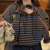 套头外套 韩版 儿童秋冬刺绣毛衣加绒连帽衫 2025男童复古条纹针织衫