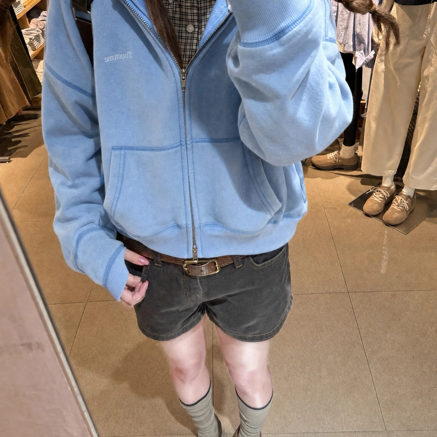 美式蓝色水洗做旧卫衣女2026秋冬新款明线设计短款开衫连帽外套