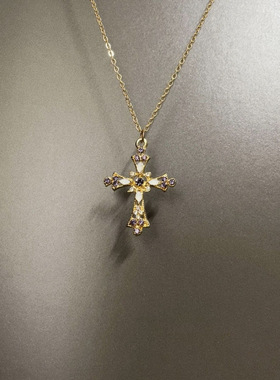 Vintage古着 Golden petal cross项链中古金色十字架长款锁骨链潮