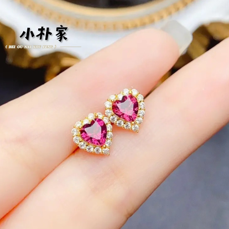 【彩宝耳钉】天然石榴石耳钉S925银镶嵌主石耳饰高级感个性锆石