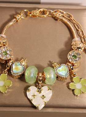 新中式荧光绿潘家手链女轻奢小众高级感爱心花朵吊坠手串手环手饰