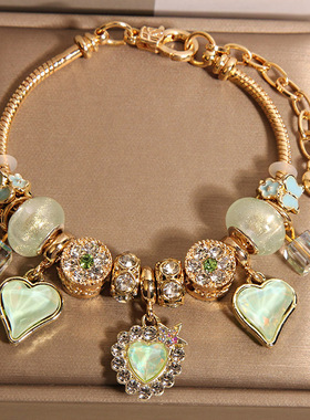新中式柠檬绿琉璃珠手链女轻奢小众高级感气质百搭爱心吊坠手串潮