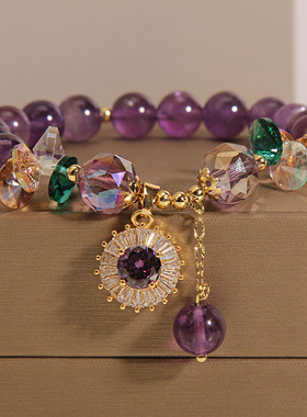 网红紫色水晶锆石圆圈吊坠手链女