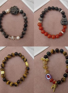 纯天然黑曜石黑发晶金曜石手链复古风小众