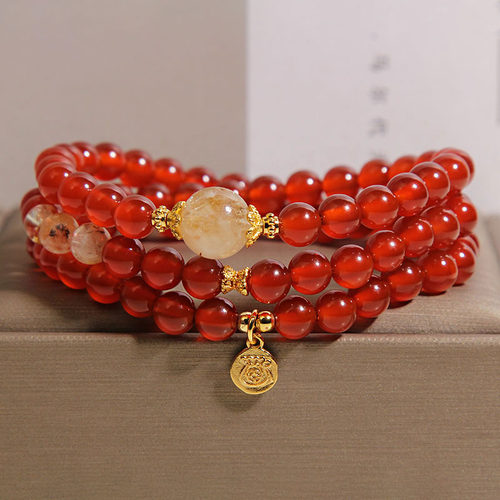 幸运红三圈红玛瑙黄发晶水晶手链手串显白多圈手串百搭本命年闺蜜