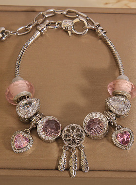 韩版粉色琉璃珠爱心捕梦网手镯女