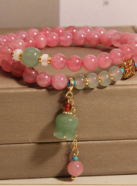 玉石粉色水晶双圈手链铃兰花手串