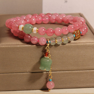 玉石粉色水晶双圈手链女轻奢小众精致东陵玉铃兰花吊坠手串送闺蜜