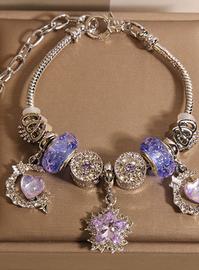 紫色琉璃珠水晶手链女款轻奢小众精致百搭星月手串送学生闺蜜礼物