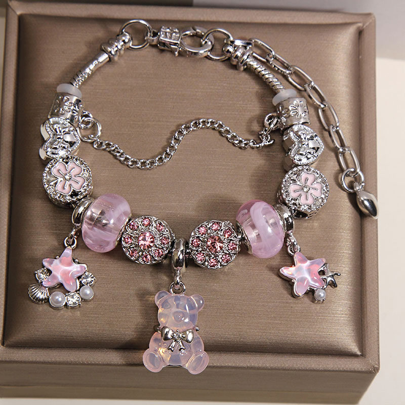 粉色琉璃珠小熊吊坠潘家风格手链女款轻奢复古高级感海星贝壳手串