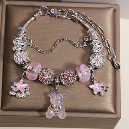 粉色琉璃珠小熊吊坠潘家风格手链女款轻奢复古高级感海星贝壳手串