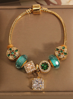 韩版时尚绿色琉璃珠微镶锆石手镯