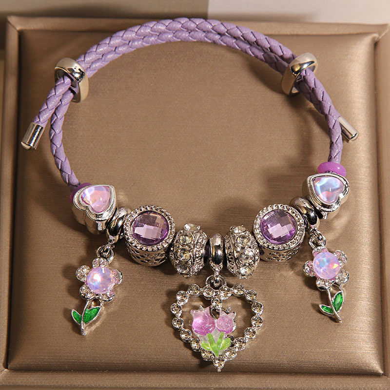 潘家风格紫色皮绳手镯女轻奢小众精致时尚甜美爱心花朵手链手串潮