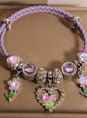 潘家风格紫色皮绳手镯女轻奢小众精致时尚甜美爱心花朵手链手串潮