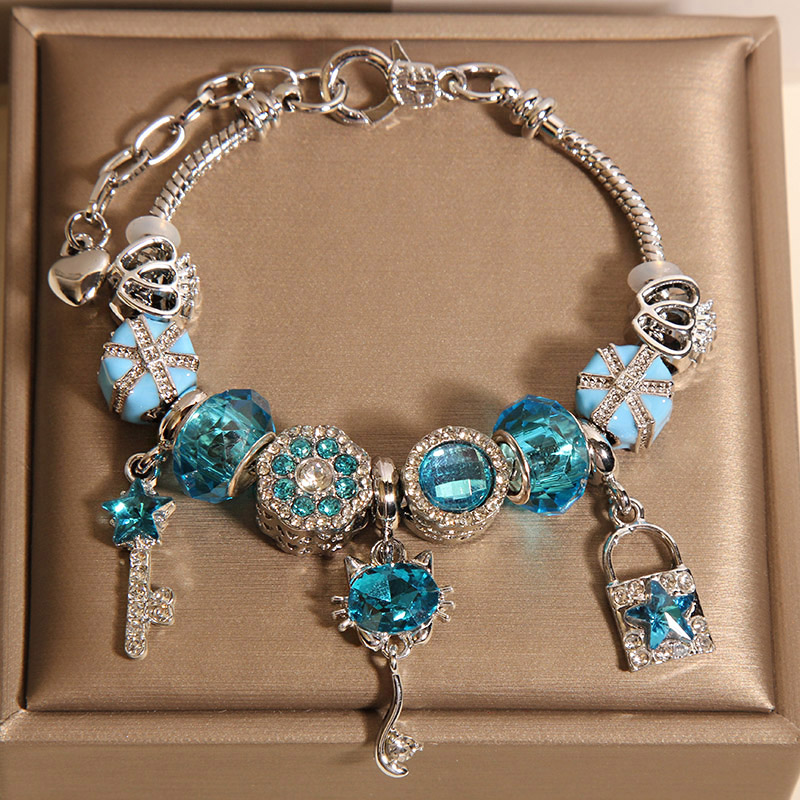 新中式蓝色琉璃珠手链女轻奢小众精致时尚百搭爱情锁吊坠手串手环