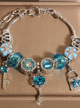 新中式蓝色琉璃珠手链女轻奢小众精致时尚百搭爱情锁吊坠手串手环