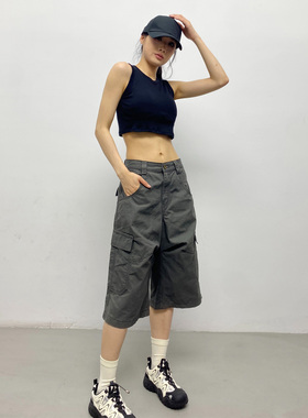 2026新款美式灰色短裤女夏季宽松休闲直筒复古工装阔腿中裤五分裤