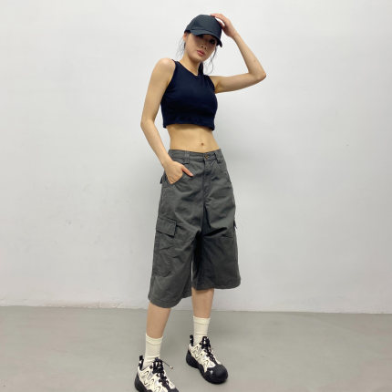 2026新款美式灰色短裤女夏季宽松休闲直筒复古工装阔腿中裤五分裤