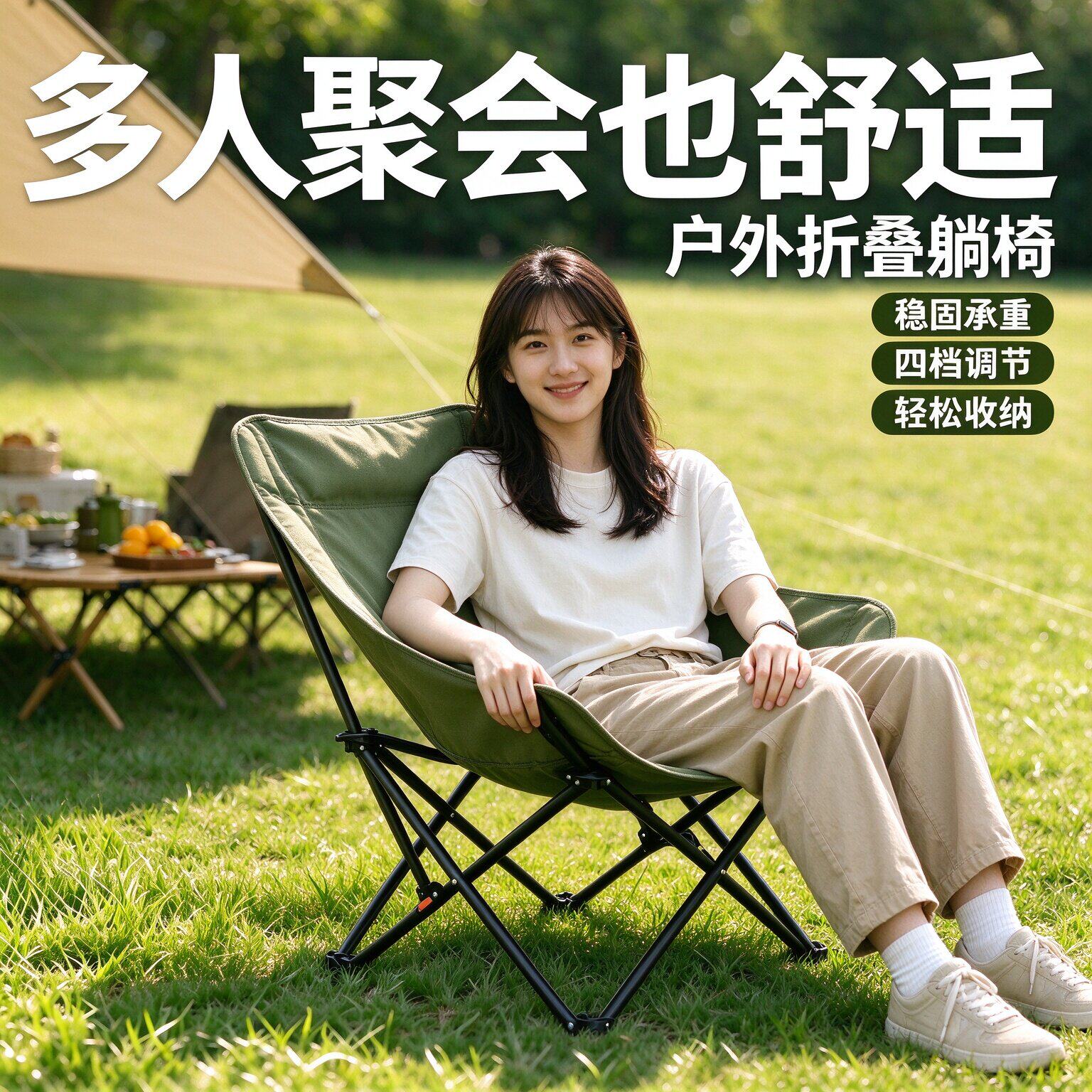 户外折叠椅月亮椅加高靠背超轻便携露营椅子躺椅懒人椅沙滩钓鱼椅
