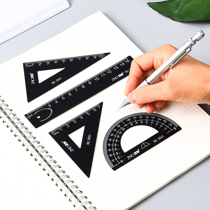 【4把装】正彩钢套尺绘图四件套尺子中小学生用三角板量角器考试直尺套装简约可爱儿童多功能绘画4件套文具