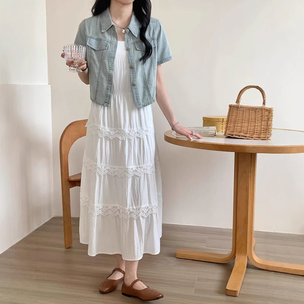 法式绝美气质白色吊带连衣裙2025新款女夏薄款短袖牛仔外套