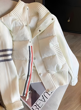 2025秋冬针织拼接设计感棉服外套女韩版小个子米白色立领短外套