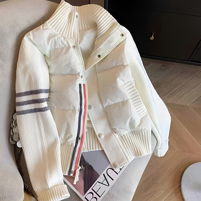 2025秋冬针织拼接设计感棉服外套女韩版小个子米白色立领短外套