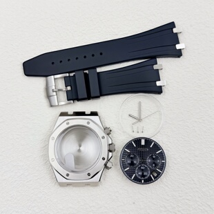 橡树六针银色42MM精钢表壳橡胶表带字面表针套装蓝宝石玻璃适VK63