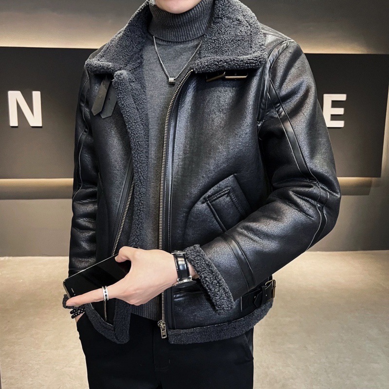 皮毛一体外套男冬季新款羊羔毛翻领皮衣男士机车加绒加厚夹克919