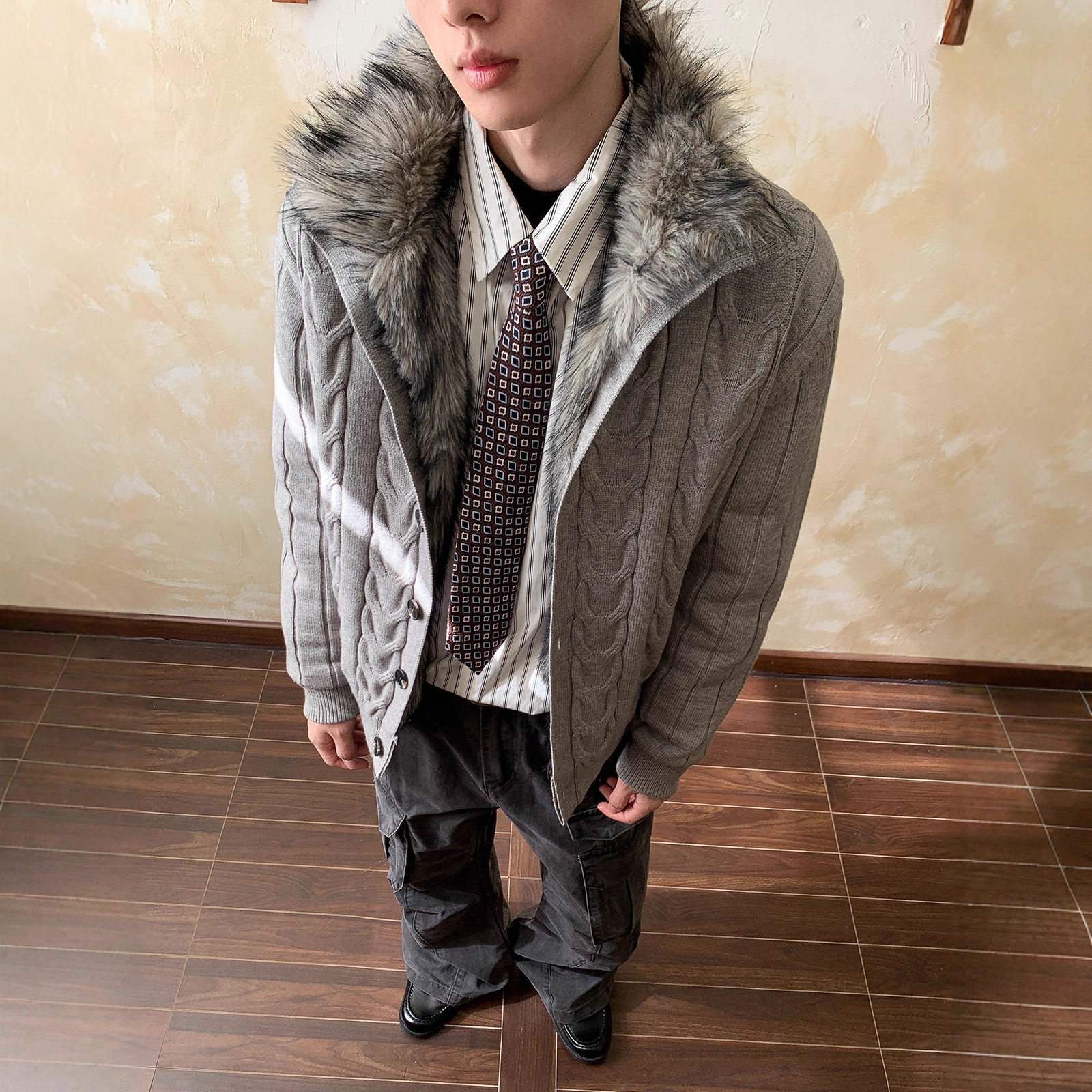 老钱风编织设计感毛领针织衫男女座山雕冬季加厚保暖情侣毛衣外套