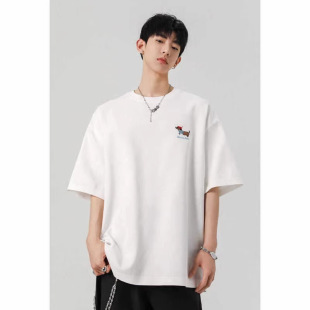 多巴胺白色腊肠狗刺绣短袖t恤男款夏季薄款极简风美式休闲半截袖