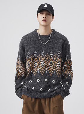 男士深灰色费尔岛毛衣男冬季2025新款圆领打底内搭长袖针织衫上衣