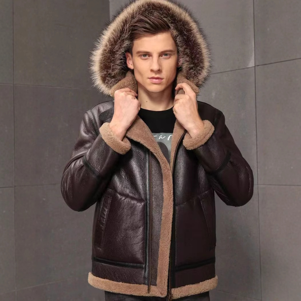 男士带帽皮毛一体美洲貉毛领加厚真皮皮草大毛领修身型休闲款连帽