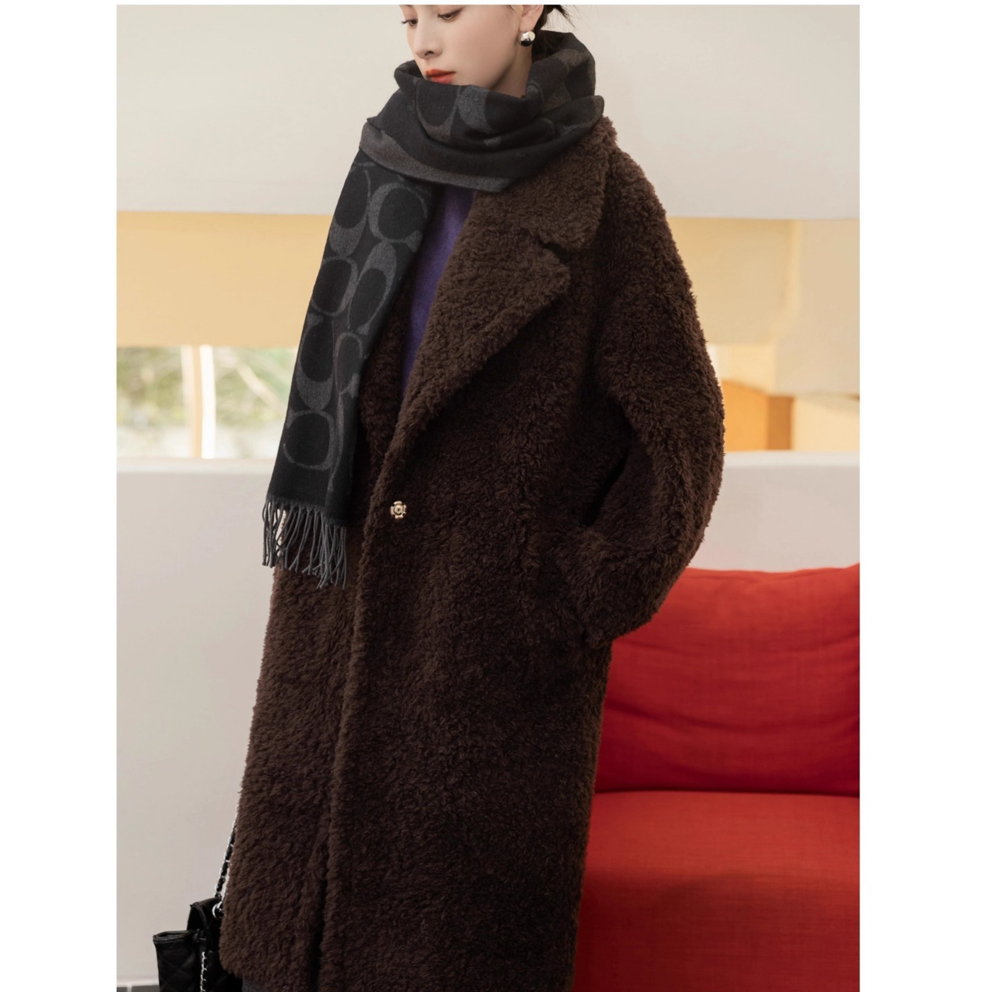 恩迪加厚皮毛一体羊羔毛外套女冬季中长款慵懒气质咖色皮草大衣