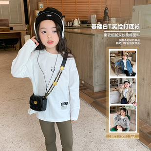 纯棉春秋 卡通笑脸打底衫 儿童宝宝上衣长袖 男童女童B备白色T恤韩版