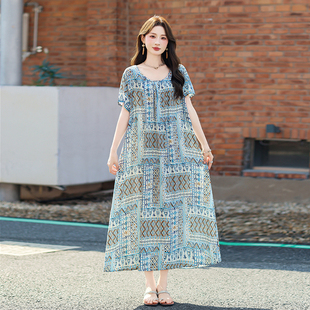 气质妈妈装 圆领短袖 碎花裙子 连衣裙女宽松大码 中老年高端棉绸新款