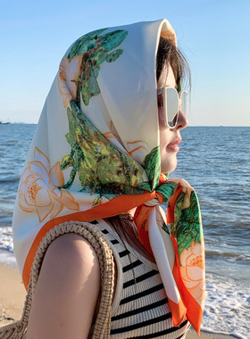 2025新款国风白色莲花方巾丝巾女士秋冬抹胸吊带90x90包头巾披肩