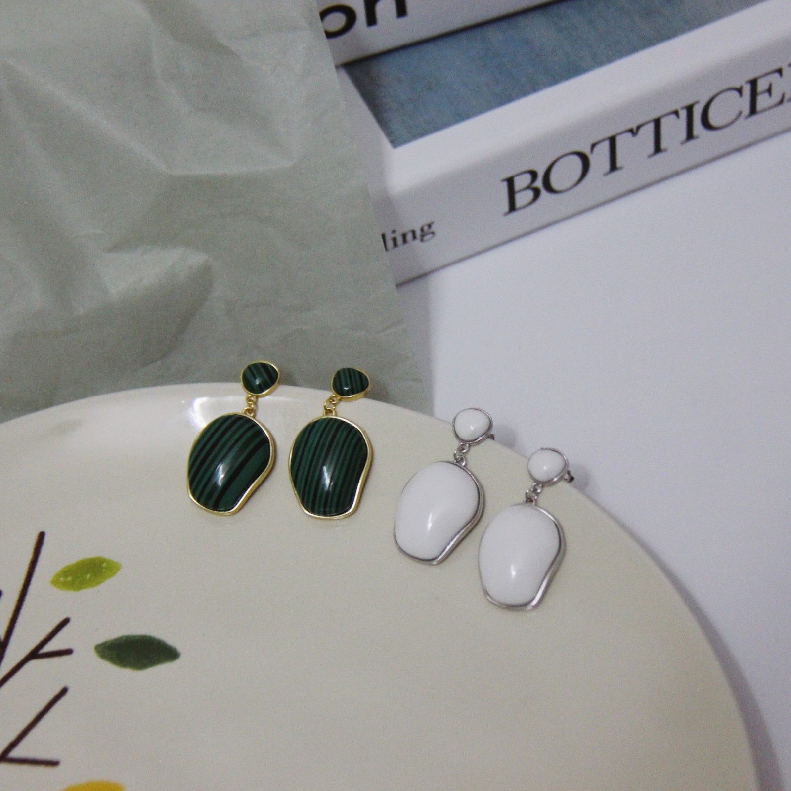 raquellesilver通体s925纯银耳钉女孔雀石绿色白陶瓷白色复古ins