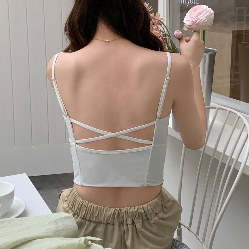 后背交叉露背一体不跑杯薄小吊带