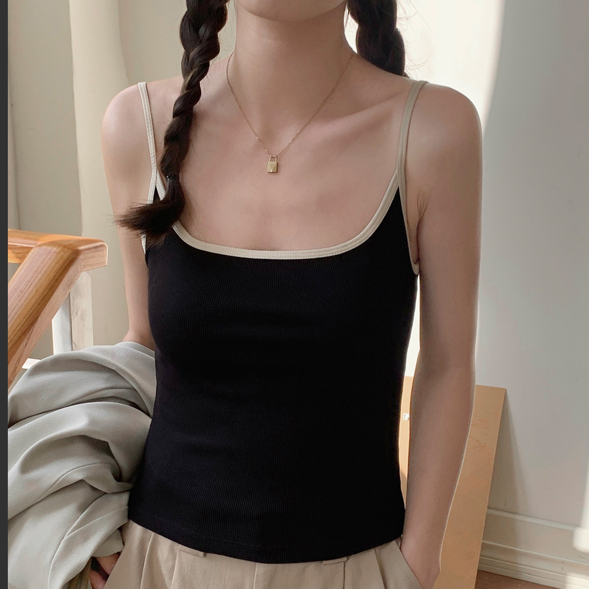 棉吊带撞色背心夏季带胸垫外穿修身大胸显瘦遮副乳女长款无袖上衣