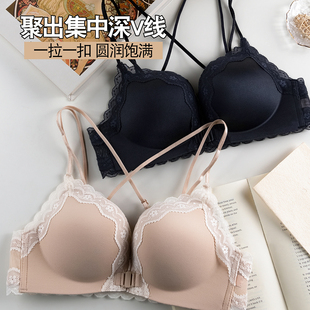 性感豹纹蕾丝内衣女小胸聚拢显大无钢圈胸罩纯欲风细肩带前扣文胸