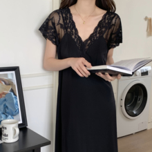 睡裙女带胸垫防凸点冰丝滑凉感宽松蕾丝短袖薄款家居服夏性感睡衣