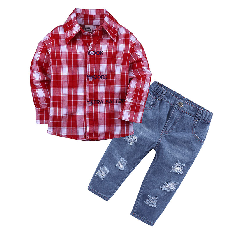 男童春秋装休闲套装欧美洋气中小童装儿童格子衬衫牛仔裤两件套